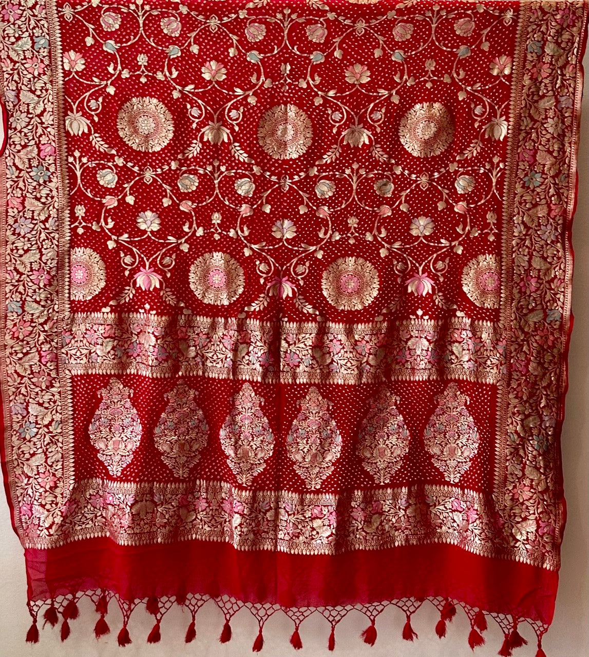 Gulzaar Phoolkari - Red Pure Georgette Meenakari Bandhani Dupatta