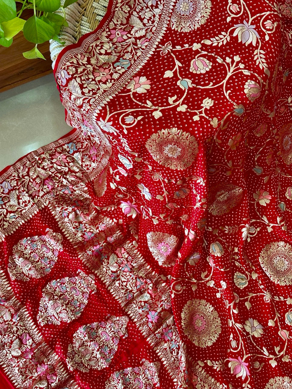 Gulzaar Phoolkari - Red Pure Georgette Meenakari Bandhani Dupatta