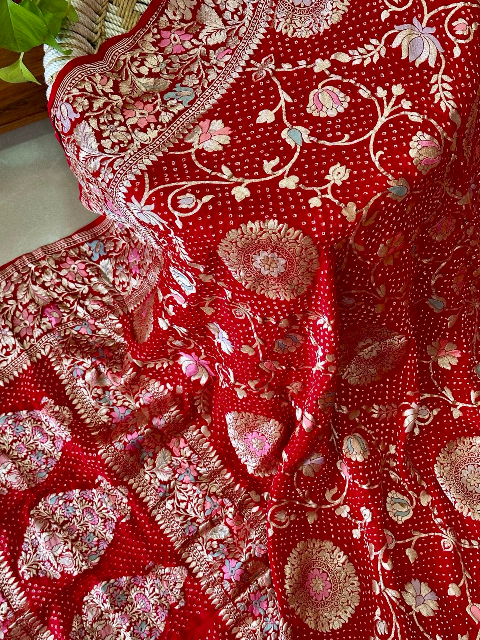 Gulzaar Phoolkari - Red Pure Georgette Meenakari Bandhani Dupatta