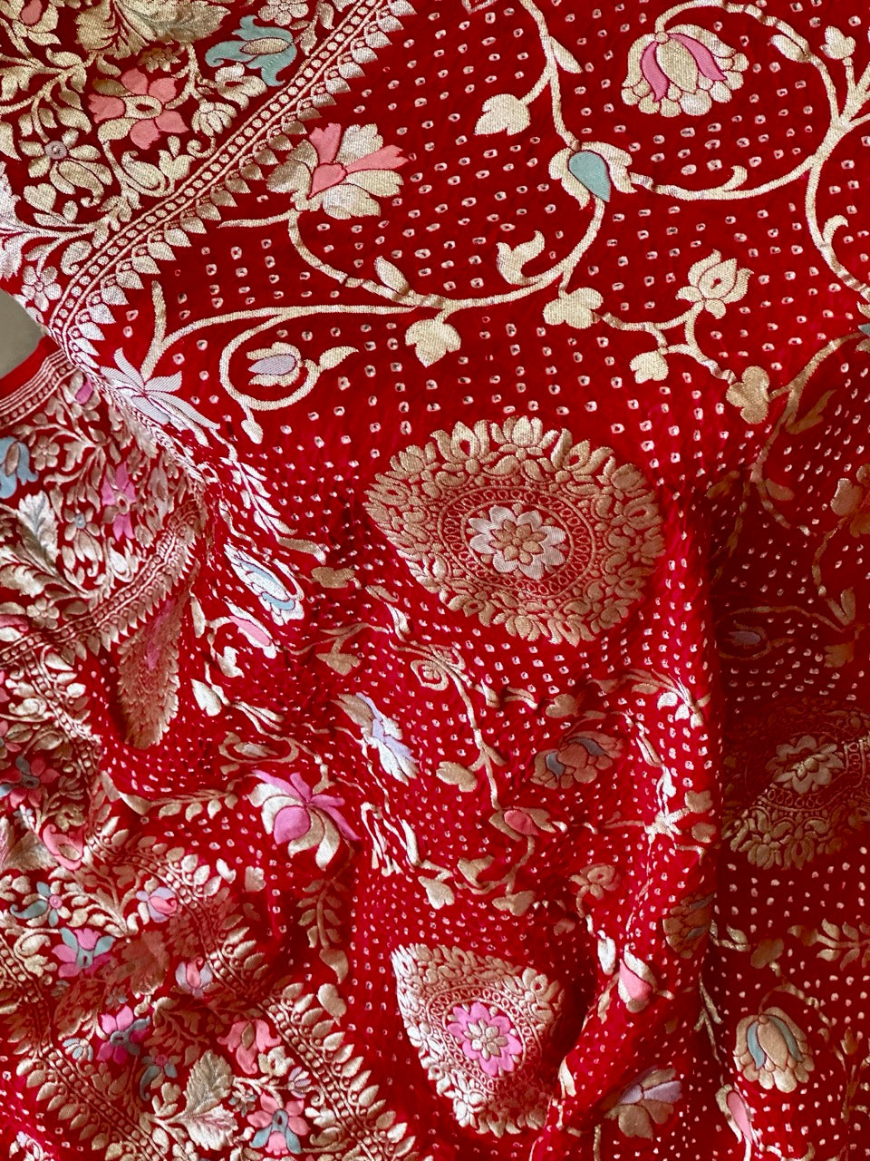 Gulzaar Phoolkari - Red Pure Georgette Meenakari Bandhani Dupatta