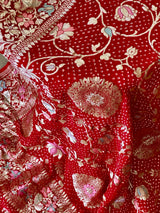 Gulzaar Phoolkari - Red Pure Georgette Meenakari Bandhani Dupatta