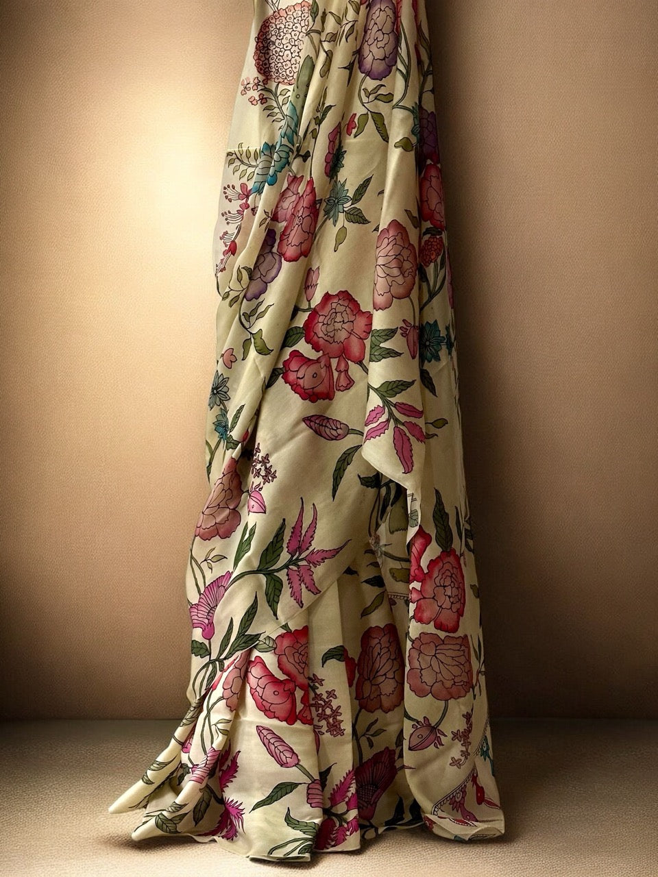 Gulzar Bagh Floral Satin Silk Kalamkari Saree