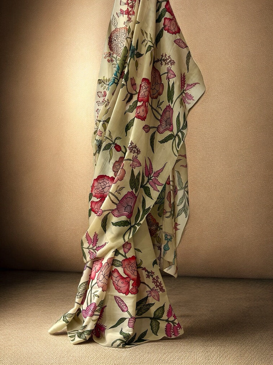 Gulzar Bagh Floral Satin Silk Kalamkari Saree