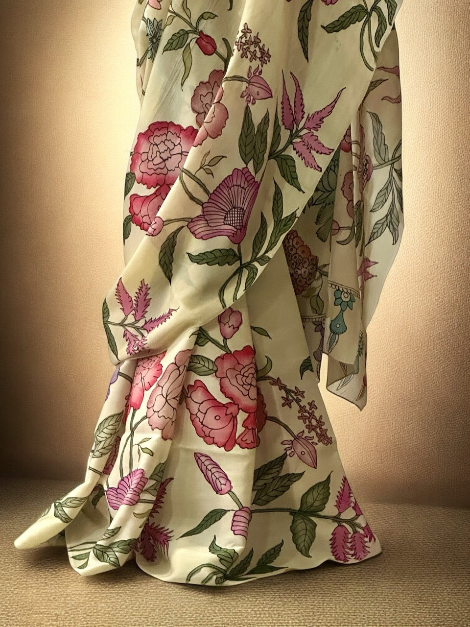 Gulzar Bagh Floral Satin Silk Kalamkari Saree