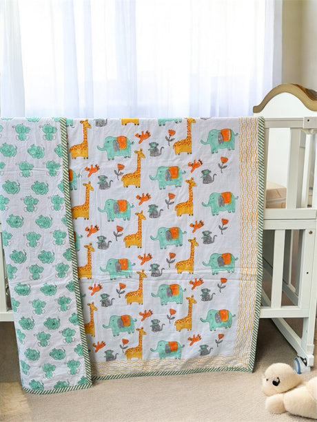 pure cotton flannel dohar for babies with animal and floral prints yellow green
