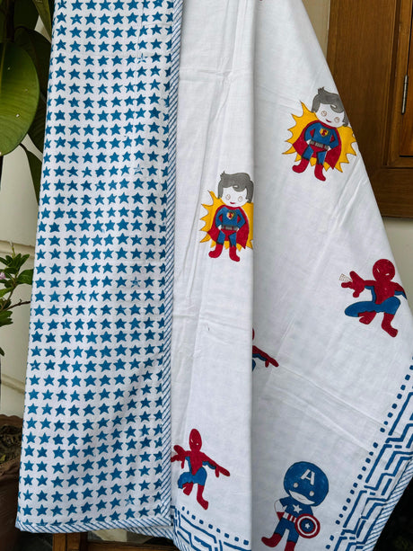 mulmul cotton flannel kids dohar handmade in jaipur with superhero theme azo free dyes