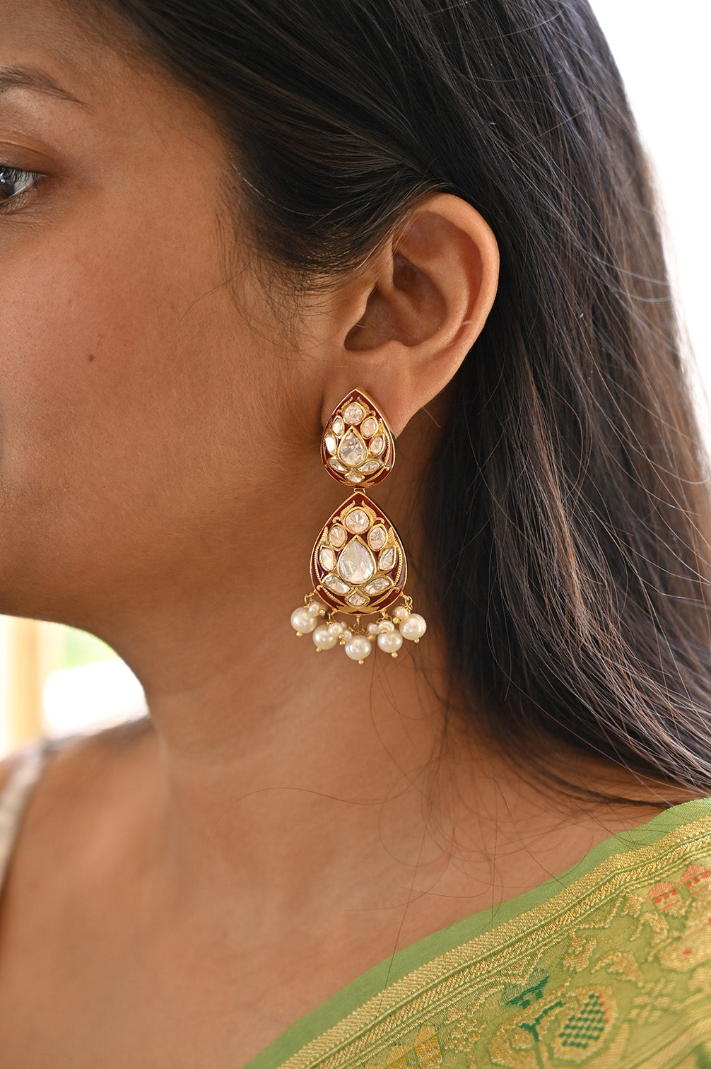 Handcrafted Red Meenakari Earrings with Moissanite Polki