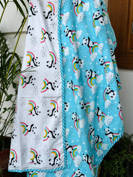 pure cotton mulmul baby blanket panda theme flannel lined reversible