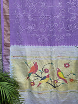 Handloom Cotton Paithani Bandhani Saree in Light Lavender Colour