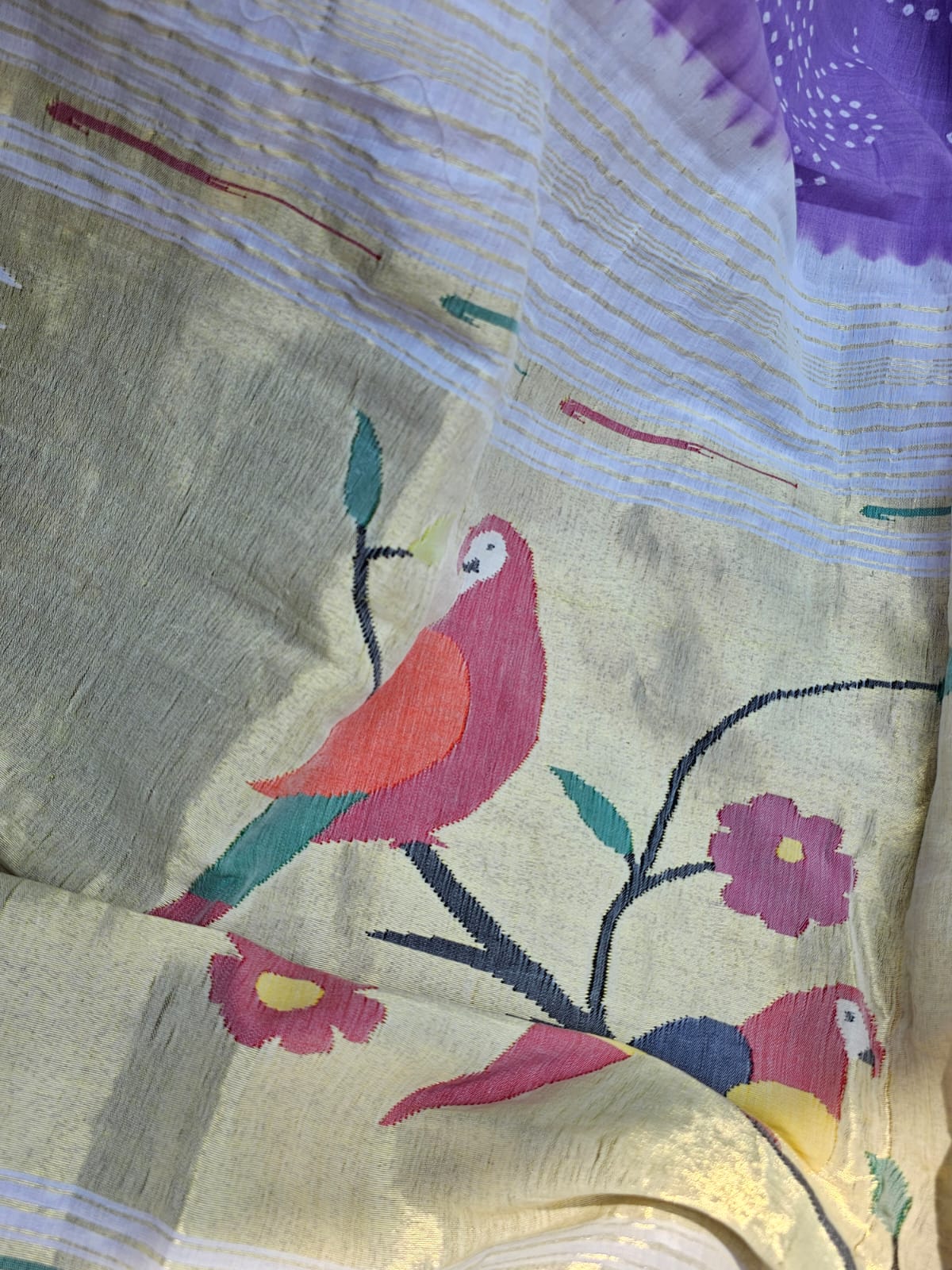 Handloom Cotton Paithani Bandhani Saree in Light Lavender Colour