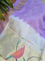 Handloom Cotton Paithani Bandhani Saree in Light Lavender Colour