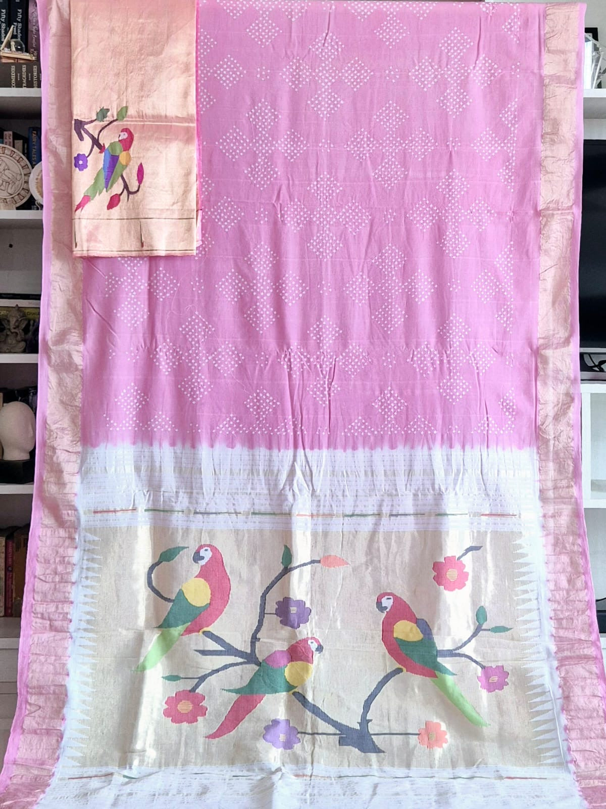 Handloom Cotton Paithani Bandhani Saree in Lovely Light Pink Colour