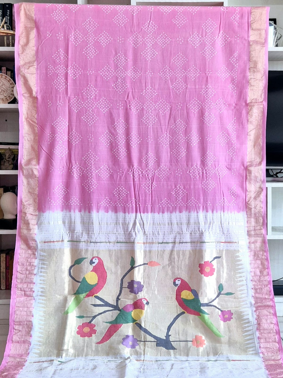 Handloom Cotton Paithani Bandhani Saree in Lovely Light Pink Colour