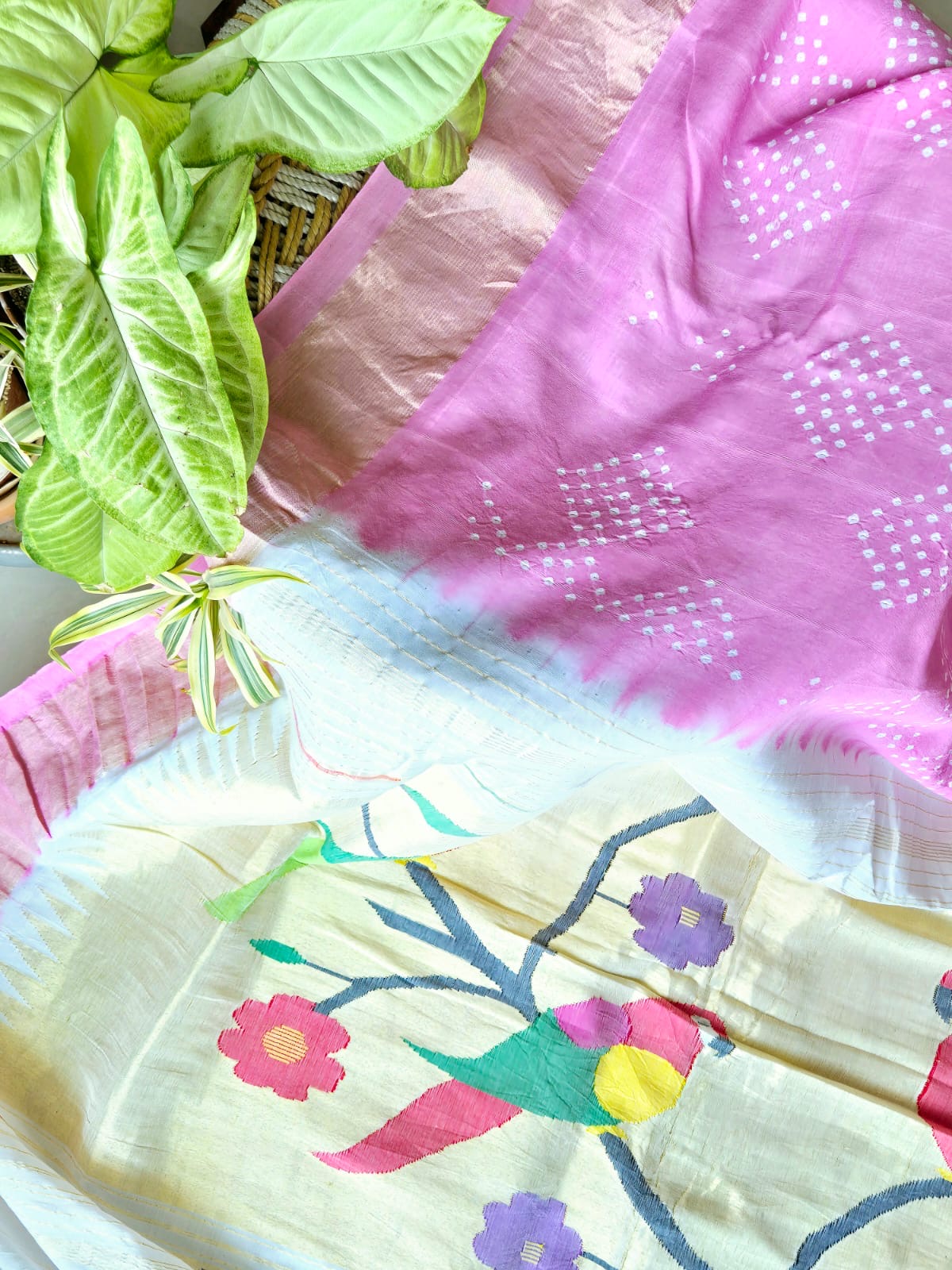 Handloom Cotton Paithani Bandhani Saree in Lovely Light Pink Colour