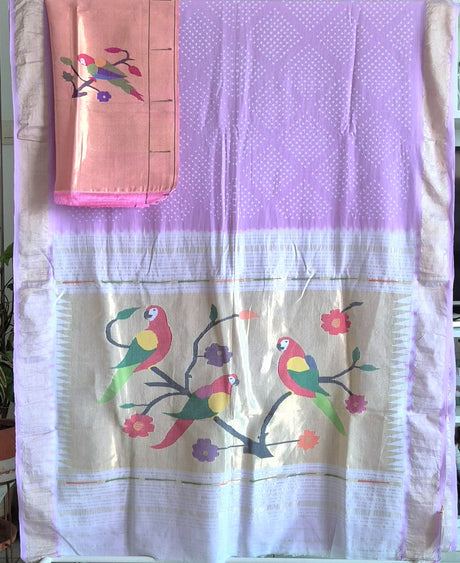 handloom-cotton-paithani-bandhani-saree-in-subtle-lavender-colour