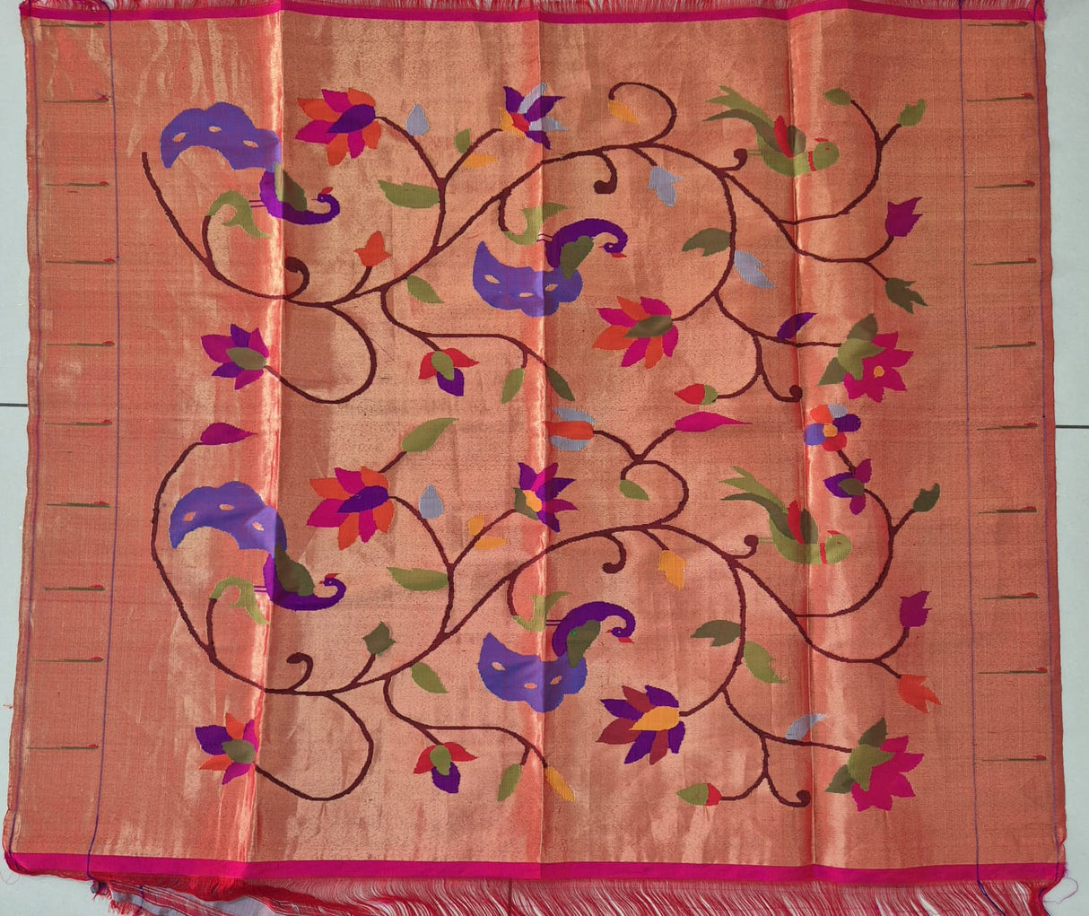 Pink and Golden Handloom Tissue Silk Paithani Blouse Piece