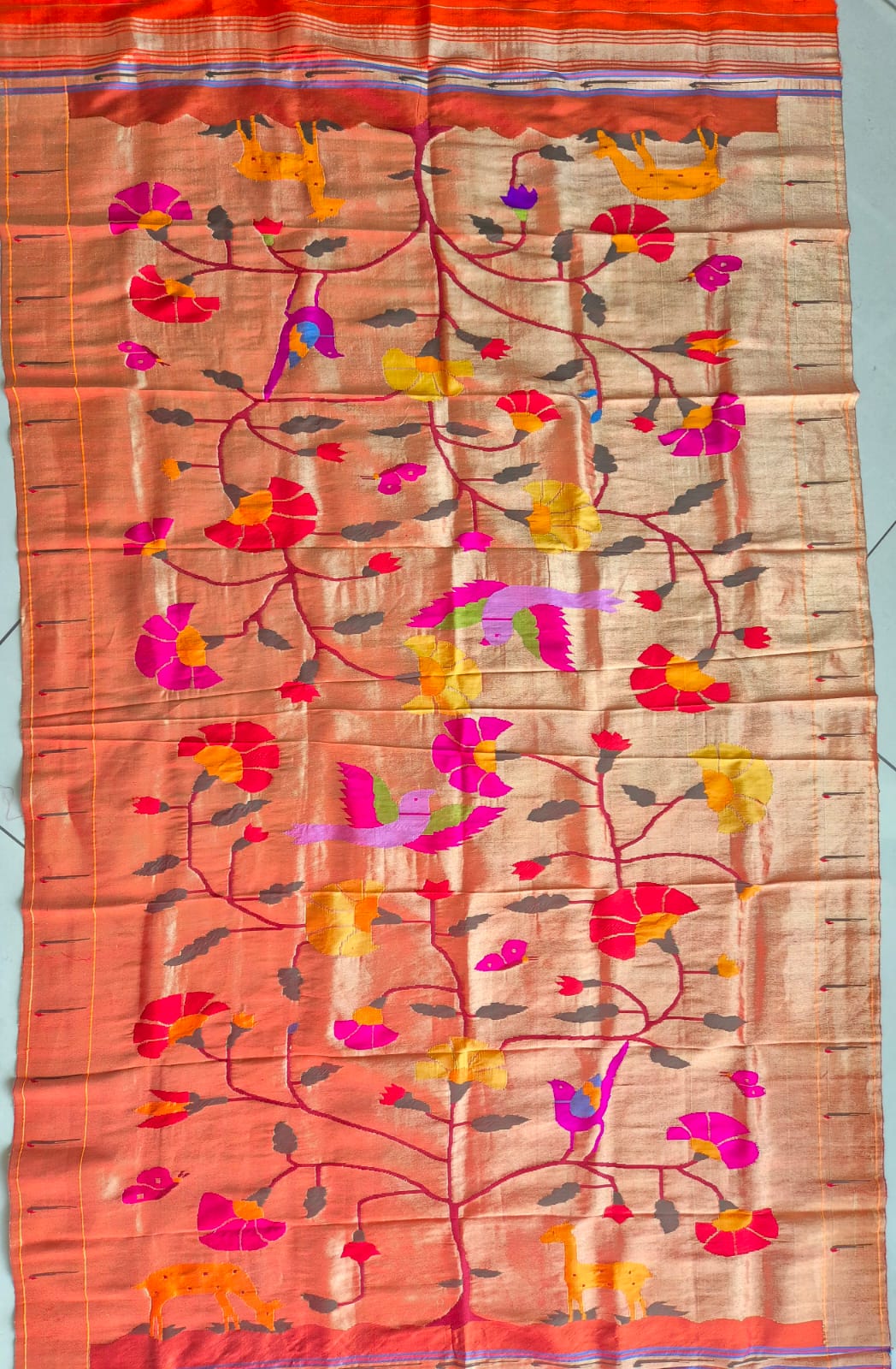 Handloom Golden and Orange Tissue Silk Paithani Dupatta