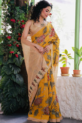 Handloom Matka Silk Floral Kalamkari Saree In Kesari Colour