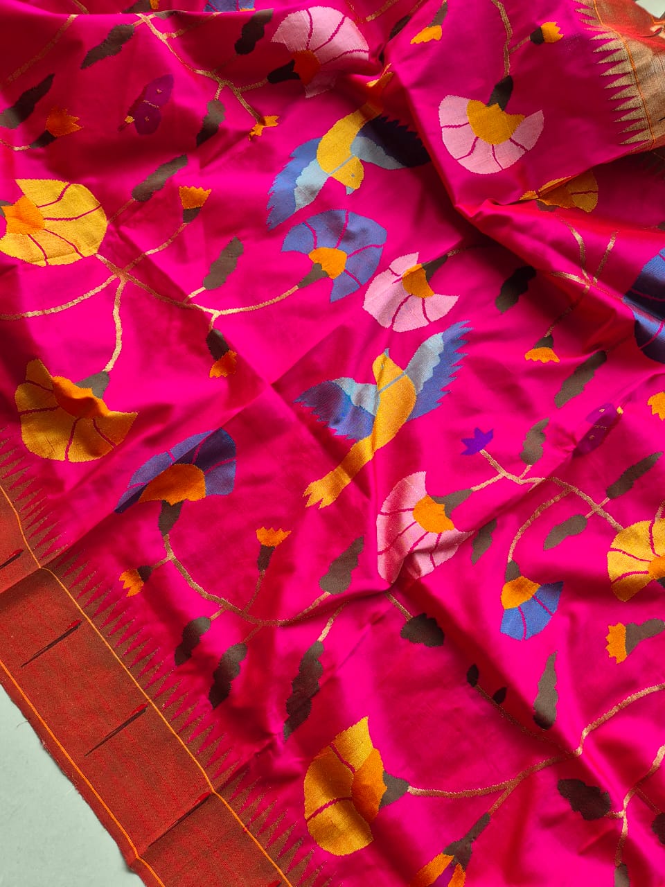 Handloom Pink and Golden Silk Paithani Dupatta with Muniya Border