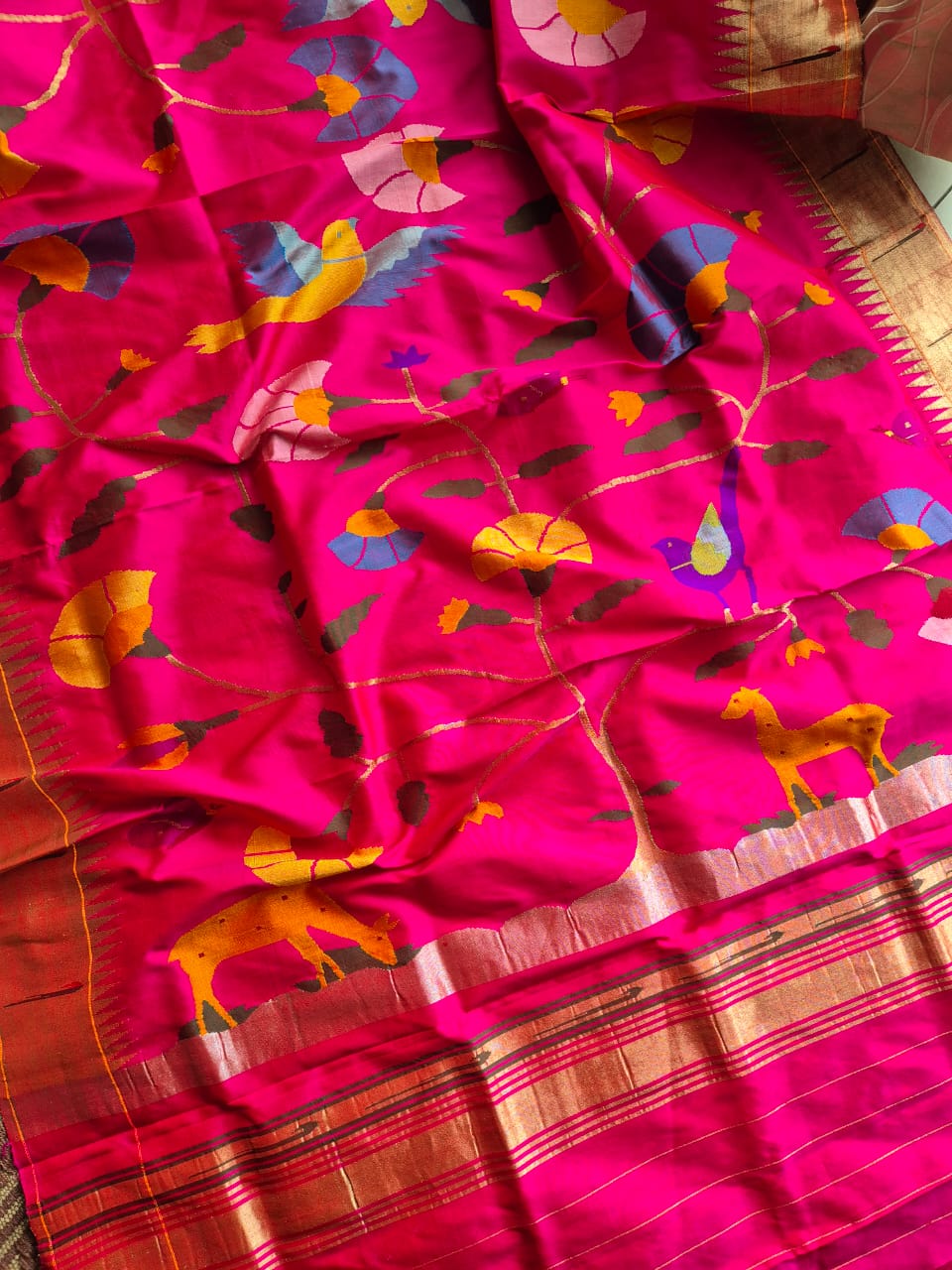 Handloom Pink and Golden Silk Paithani Dupatta with Muniya Border