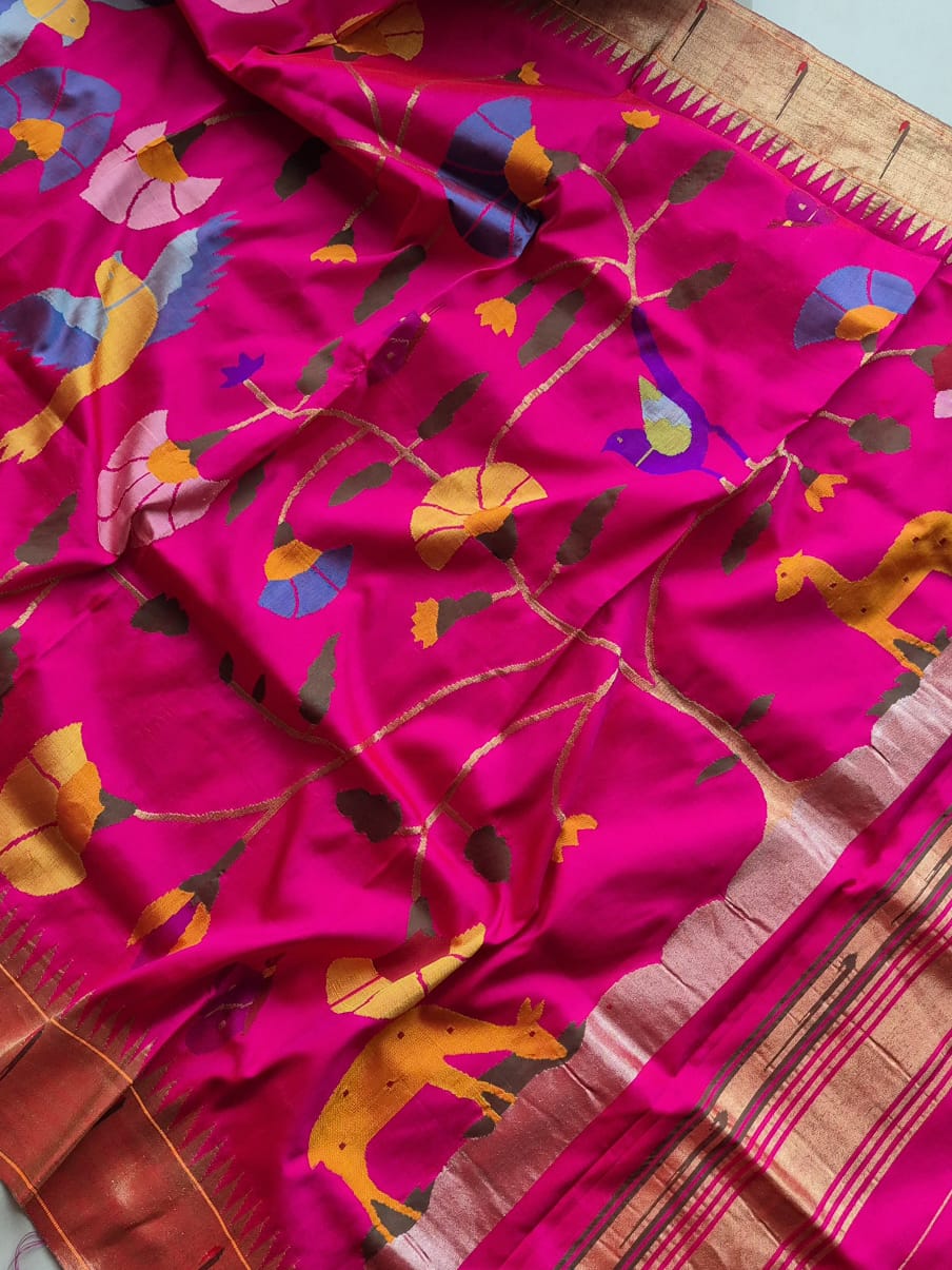 Handloom Pink and Golden Silk Paithani Dupatta with Muniya Border