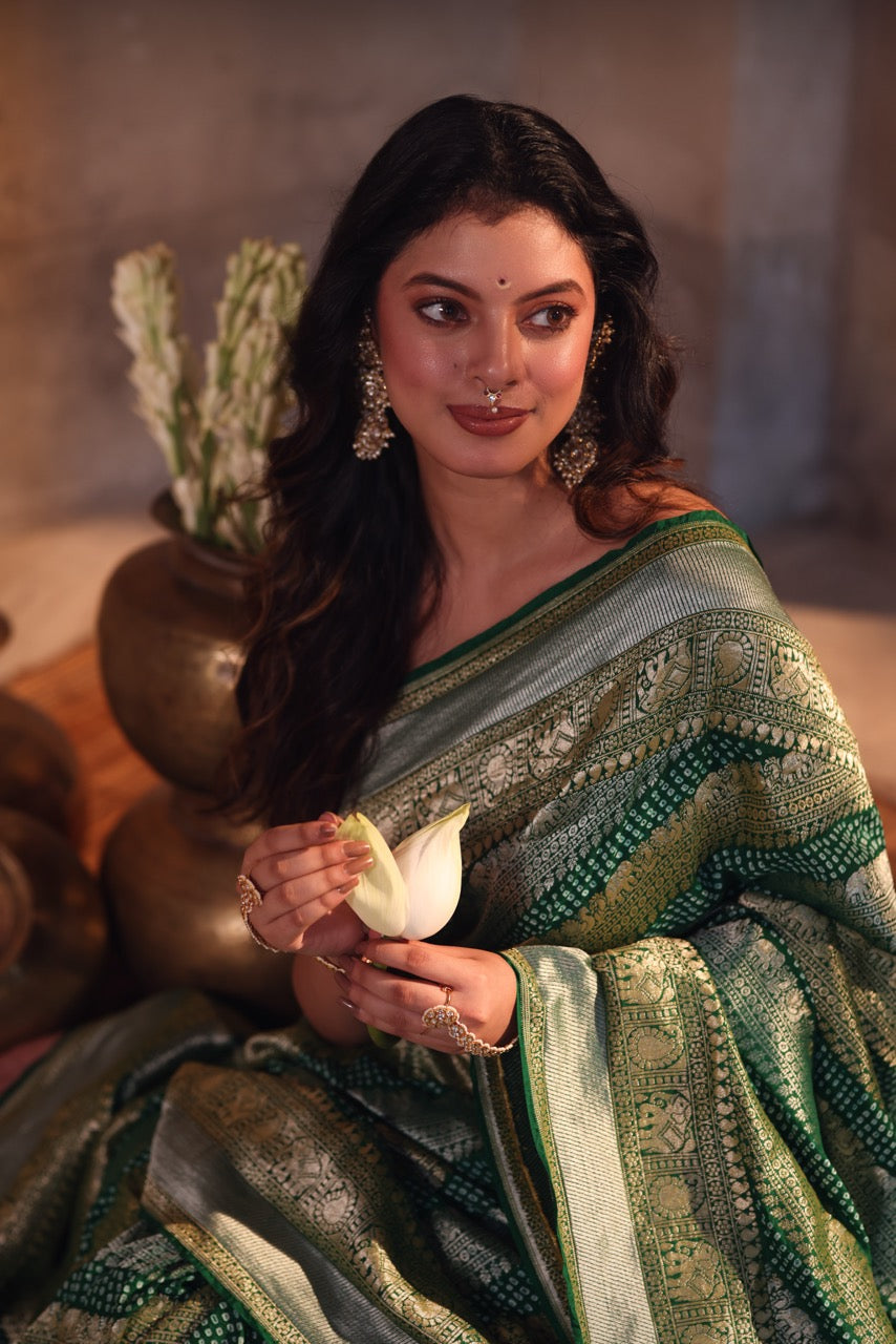 handloom-pure-banarasi-soft-silk-sona-roopa-bandhani-saree-in-green-colour