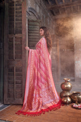 Handloom Pure Banarasi Soft Silk Sona Roopa Bandhani Saree in Red Colour