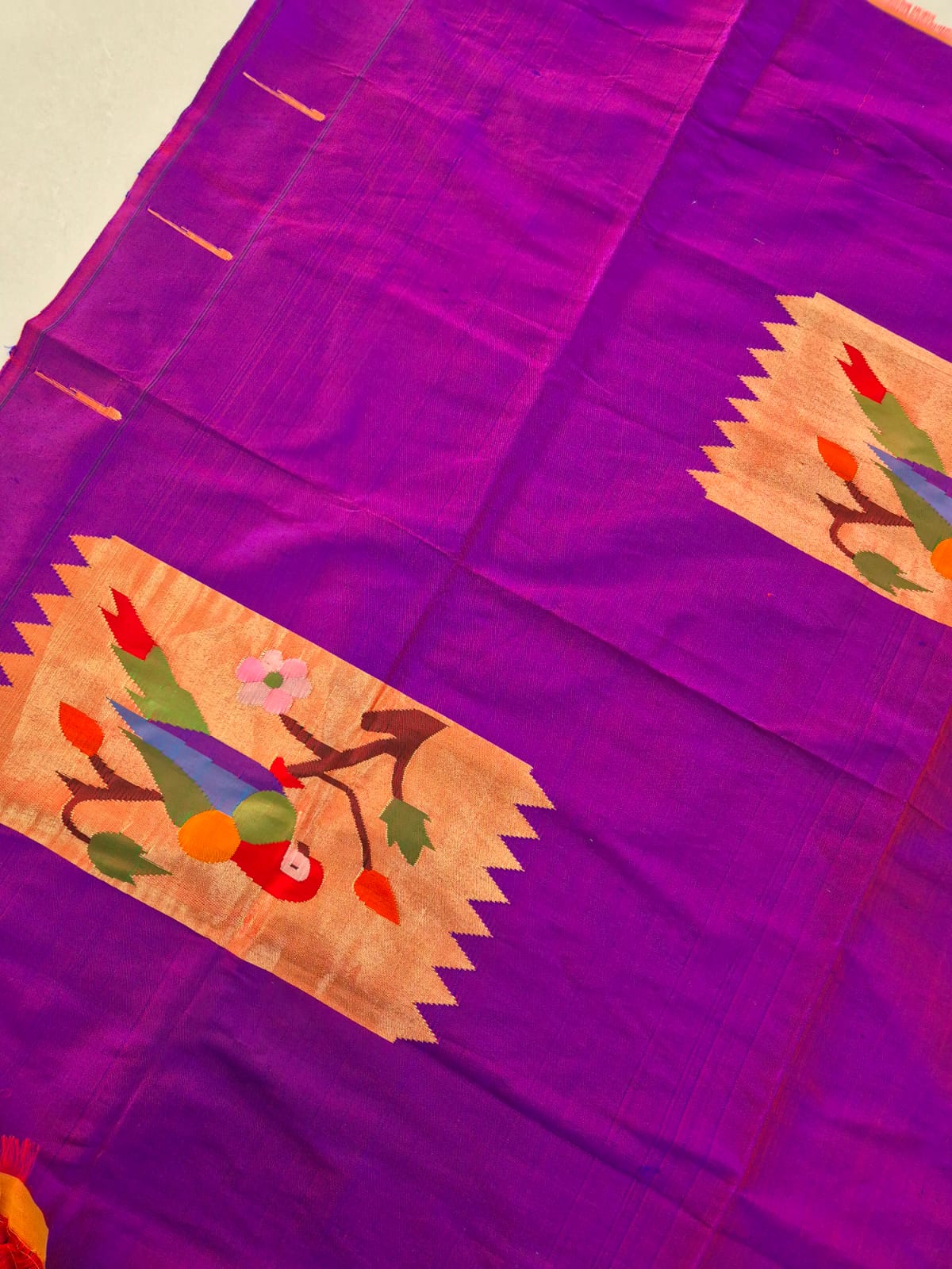 Purple and Golden Handloom Silk Paithani Blouse Piece