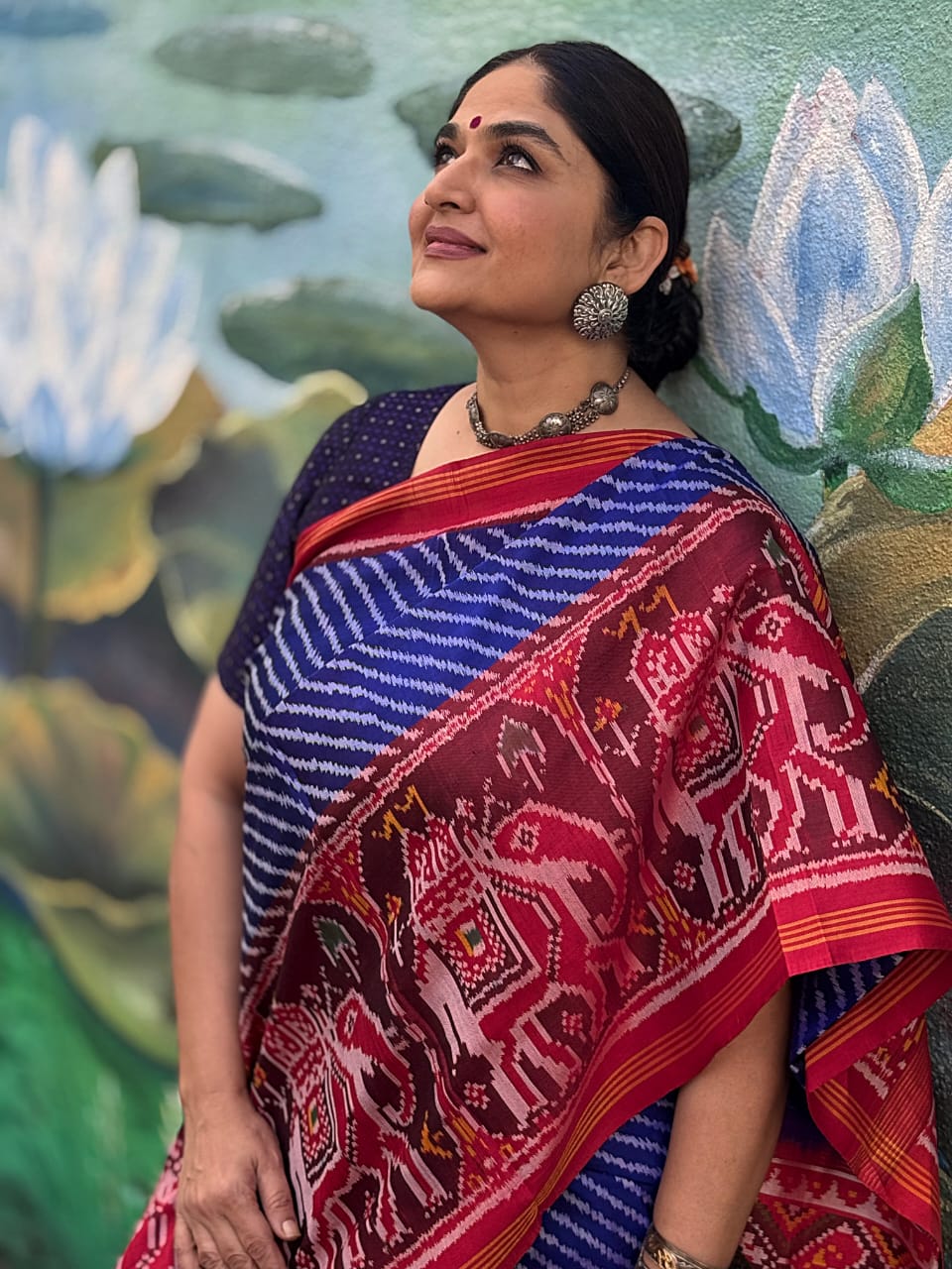 Exclusive Handloom Blue and Red Mulberry Silk Ikat Patola Saree with  Leheriya and Gajraj Motifs