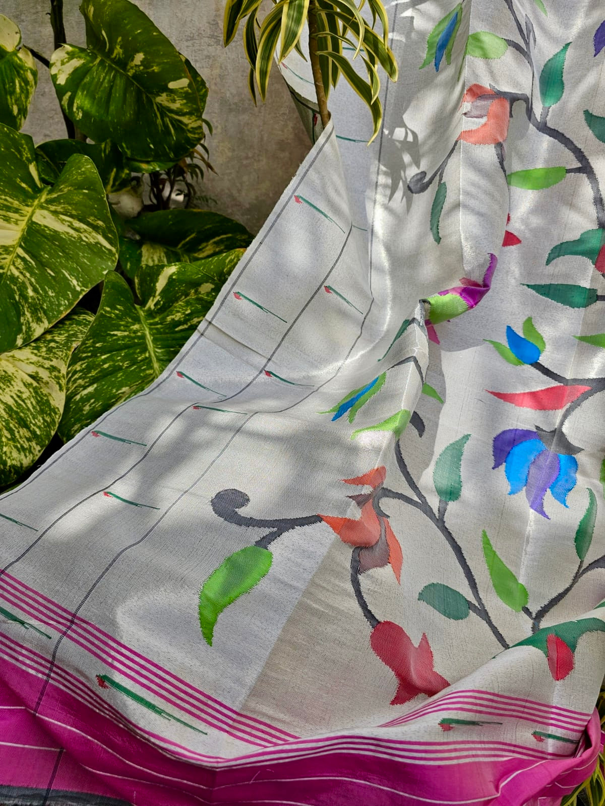 Handloom Silver and Pink Tissue Silk Paithani Dupatta