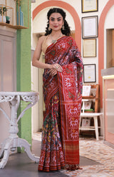 Stylish Handloom Red Mulberry Silk Ikat Patola Saree with Intricate Animal and Floral Motifs