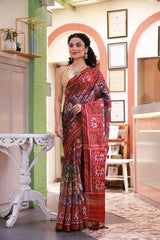 Stylish Handloom Red Mulberry Silk Ikat Patola Saree with Intricate Animal and Floral Motifs