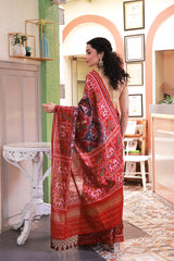 Stylish Handloom Red Mulberry Silk Ikat Patola Saree with Intricate Animal and Floral Motifs