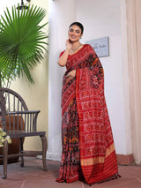 Graceful Handloom Brown and Red Mulberry Silk Ikat Patola Saree with Tiger and Elephant Motifs