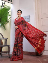 Graceful Handloom Brown and Red Mulberry Silk Ikat Patola Saree with Tiger and Elephant Motifs