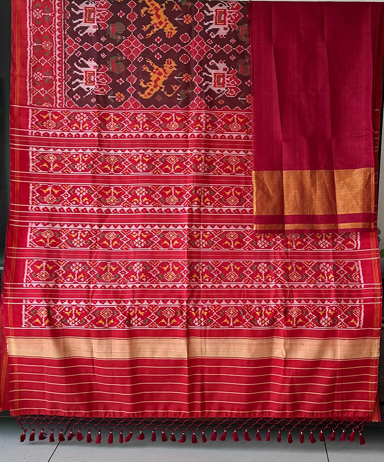 Graceful Handloom Brown and Red Mulberry Silk Ikat Patola Saree with Tiger and Elephant Motifs