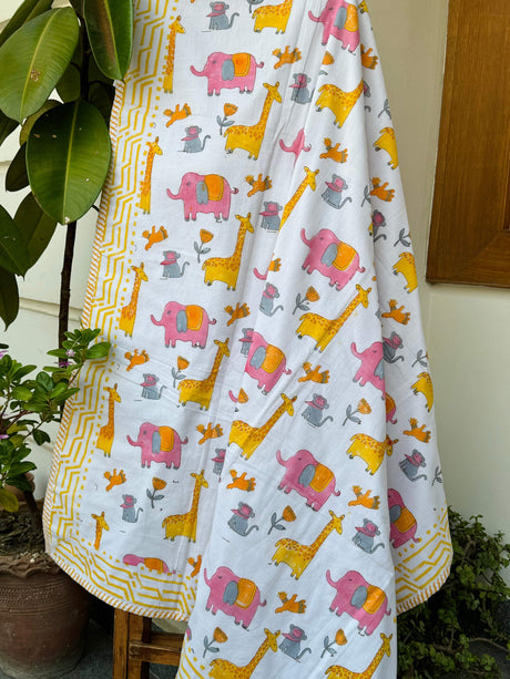 azo free dye kids blanket with yellow pink animal theme flannel inside reversiblehandmade in jaipur