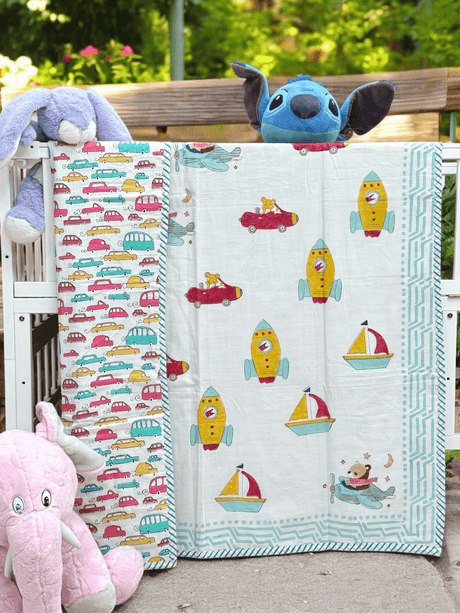 Transport theme Jaipur block print kids quilt reversible cotton dohar