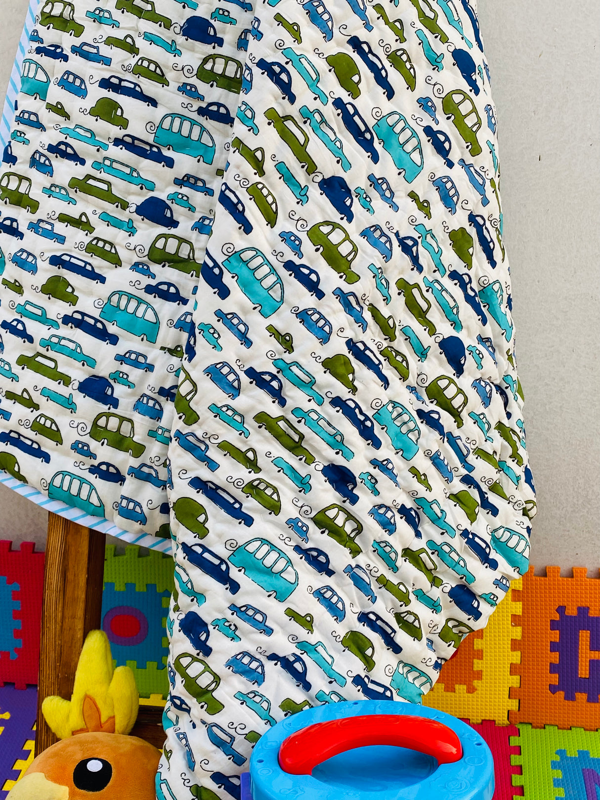 soft pastel cotton quilt with car and vehicle theme for toddler return gifts in USA and Canada