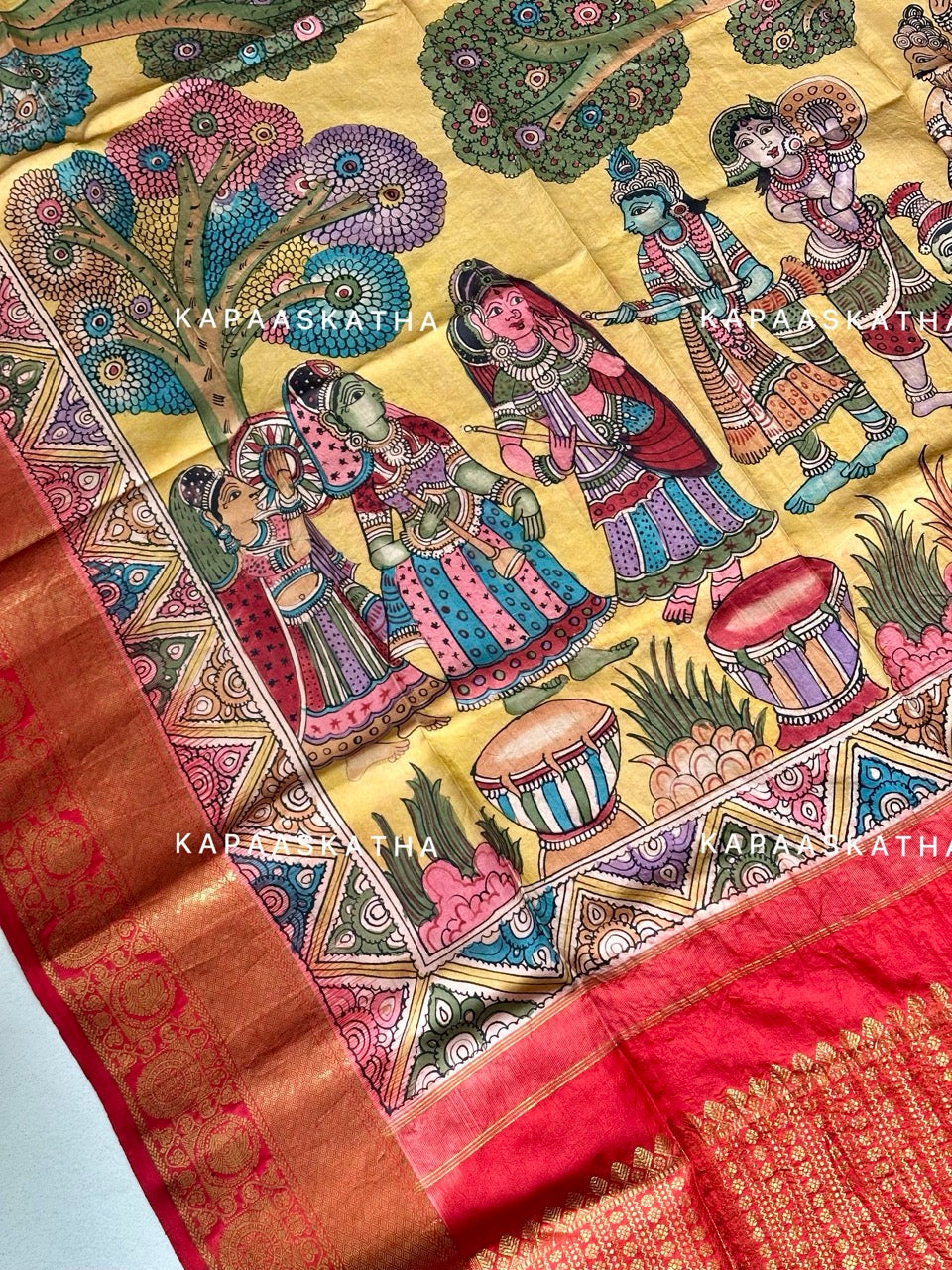 Kalamkari Kanjivaram Silk Dupatta - Lord Krishna Motif | Kapaas Katha