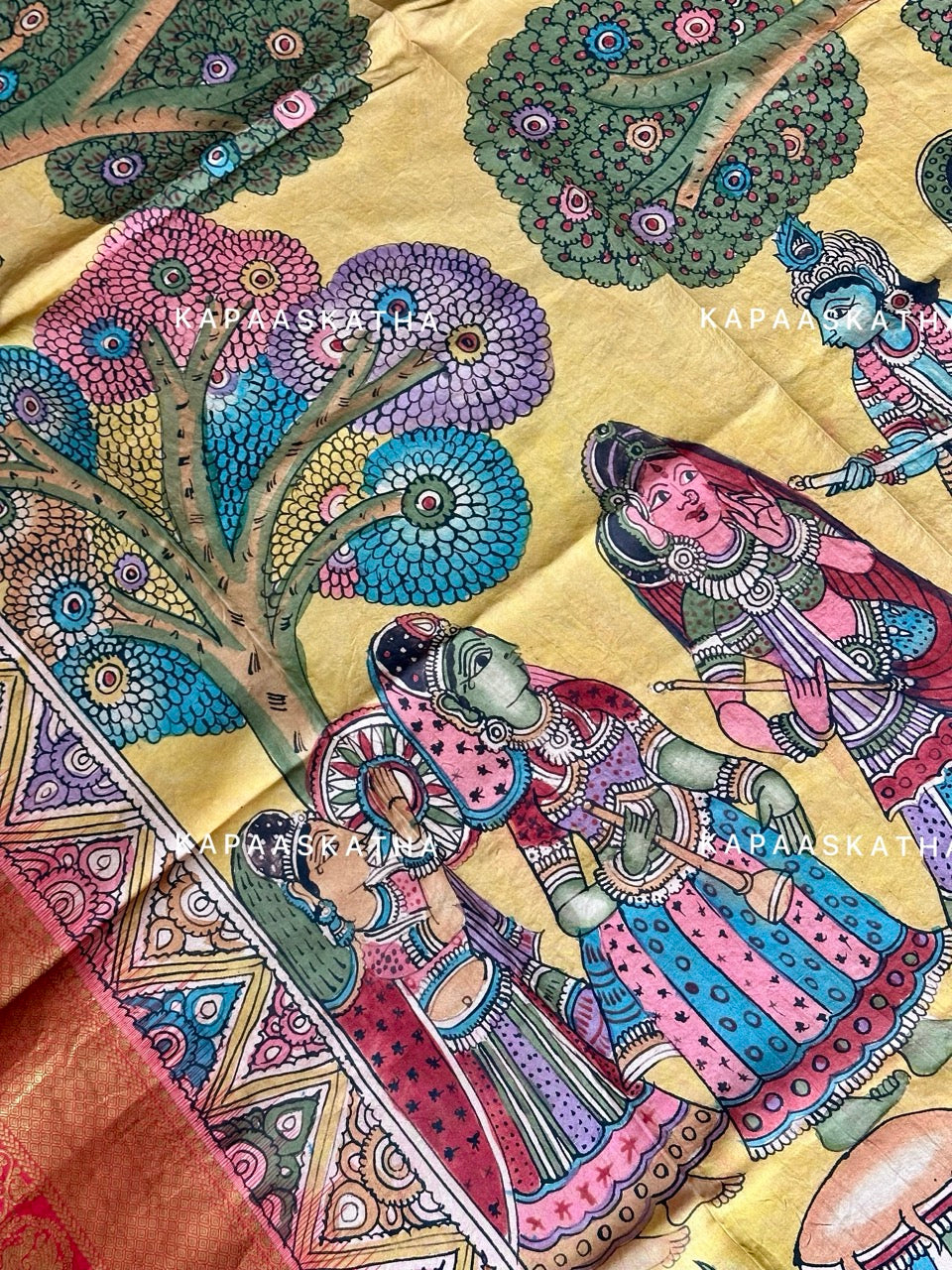 Kalamkari Kanjivaram Silk Dupatta - Lord Krishna Motif | Kapaas Katha