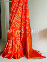 Pure Kanjivaram Silk Bandhani Saree, Orange Bandhani Kanjivaram Saree, Hand-Tied Bandhej Silk Saree, Kapaas Katha Silk Sarees, Authentic Bandhani Sarees Online