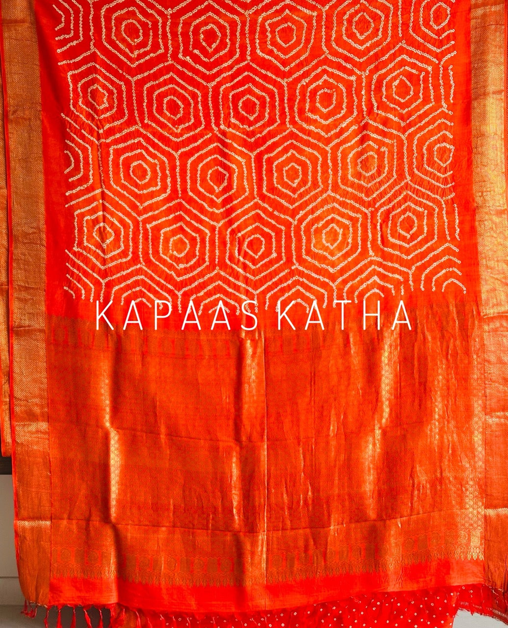 Pure Kanjivaram Silk Bandhani Saree, Orange Bandhani Kanjivaram Saree, Hand-Tied Bandhej Silk Saree, Kapaas Katha Silk Sarees, Authentic Bandhani Sarees Online