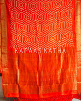 Pure Kanjivaram Silk Bandhani Saree, Orange Bandhani Kanjivaram Saree, Hand-Tied Bandhej Silk Saree, Kapaas Katha Silk Sarees, Authentic Bandhani Sarees Online