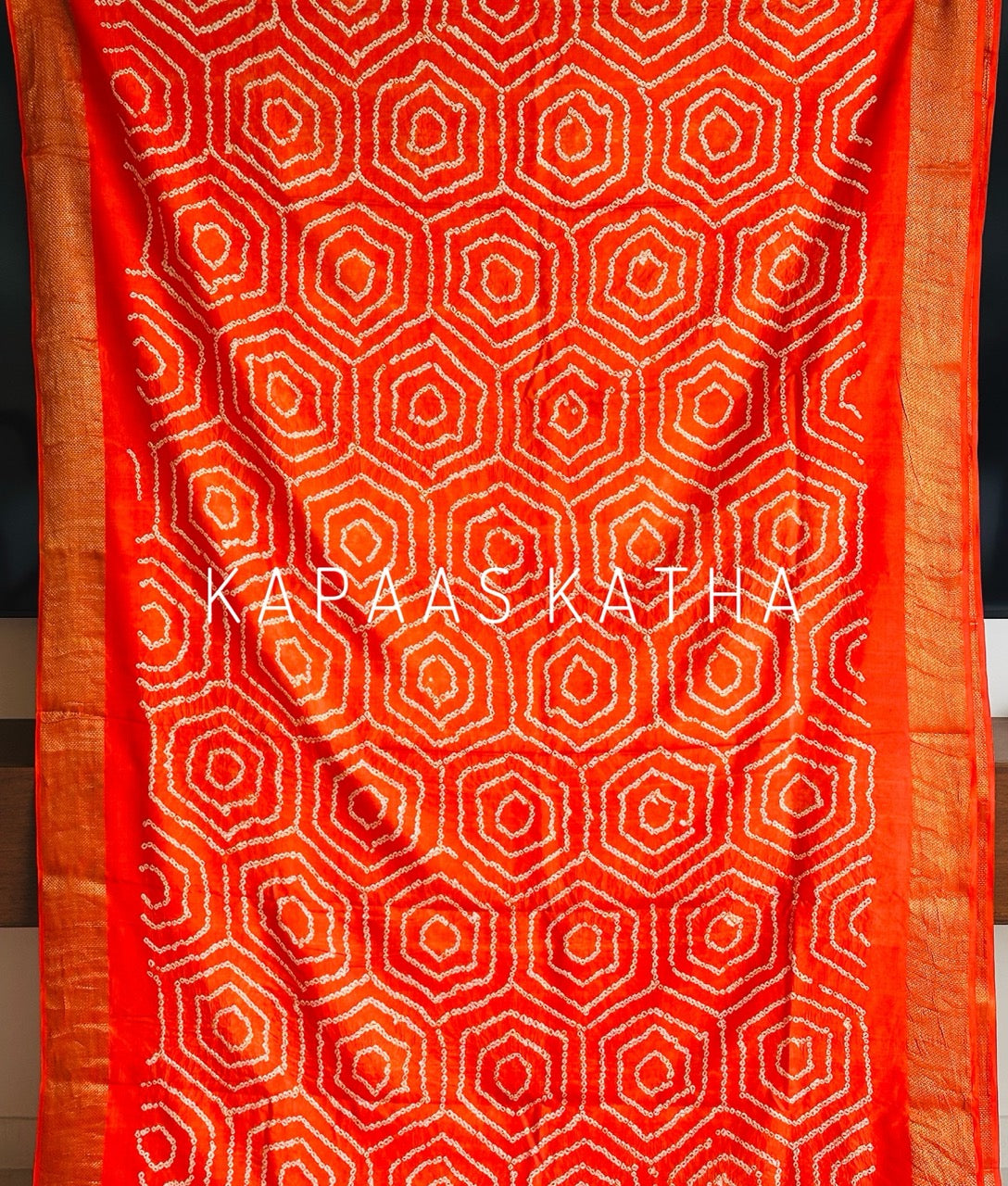 Pure Kanjivaram Silk Bandhani Saree, Orange Bandhani Kanjivaram Saree, Hand-Tied Bandhej Silk Saree, Kapaas Katha Silk Sarees, Authentic Bandhani Sarees Online