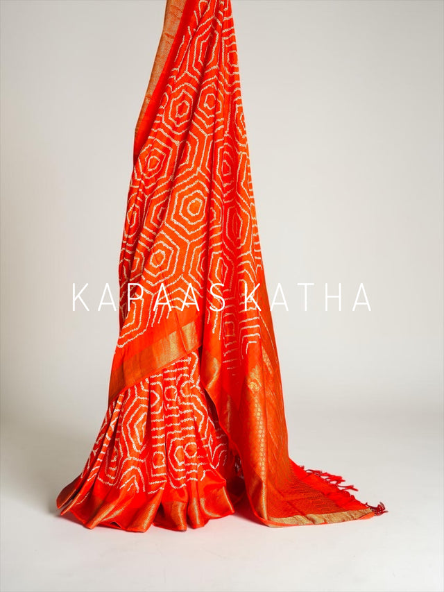 Pure Kanjivaram Silk Bandhani Saree, Orange Bandhani Kanjivaram Saree, Hand-Tied Bandhej Silk Saree, Kapaas Katha Silk Sarees, Authentic Bandhani Sarees Online