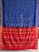 Munga Silk Bandhani Saree, Pure Silk Blue Bandhani Saree, Contrast Deer Motif Zari Pallu Saree, Kapaas Katha Designer Sarees, Hand-Tied Munga Silk Sarees Online