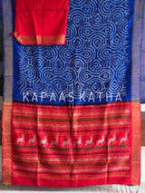 Munga Silk Bandhani Saree, Pure Silk Blue Bandhani Saree, Contrast Deer Motif Zari Pallu Saree, Kapaas Katha Designer Sarees, Hand-Tied Munga Silk Sarees Online