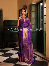 Vasundhara Silk Bandhani Saree, Pure Silk Violet Bandhani Saree, Gold Zari Checks Bandhej Saree, Kapaas Katha Designer Sarees, Authentic Bandhani Silk Saree Online