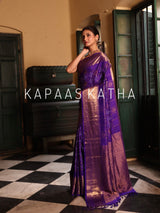Vasundhara Silk Bandhani Saree, Pure Silk Violet Bandhani Saree, Gold Zari Checks Bandhej Saree, Kapaas Katha Designer Sarees, Authentic Bandhani Silk Saree Online